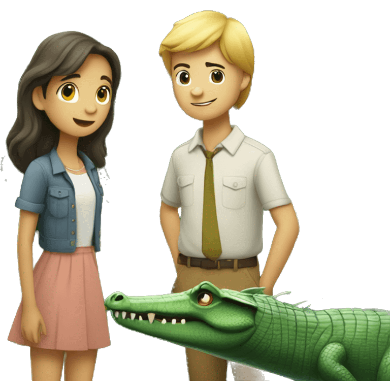 A girl and a guy meeting by and tree and behind the tree and a crocodile secretly watching emoji