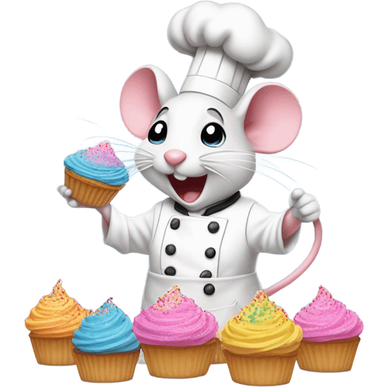 white mouse baking pink cupcakes with rainbow sprinkles emoji