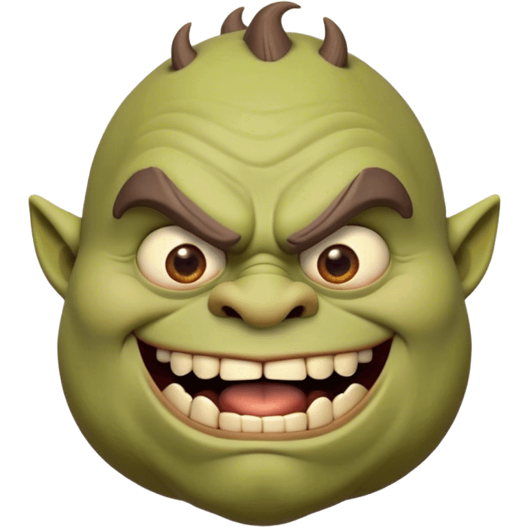 Cinematic Comical Ogre Portrait Emoji, with a strikingly exaggerated, bulky figure in vivid earthy greens and browns, head tilted in a dramatically surprised expression with wide, comically bulging eyes and a goofy, oversized grin, simplified yet hilariously exaggerated, highly detailed with a soft, cartoonish glowing outline capturing the playful absurdity of a meme-worthy ogre! emoji