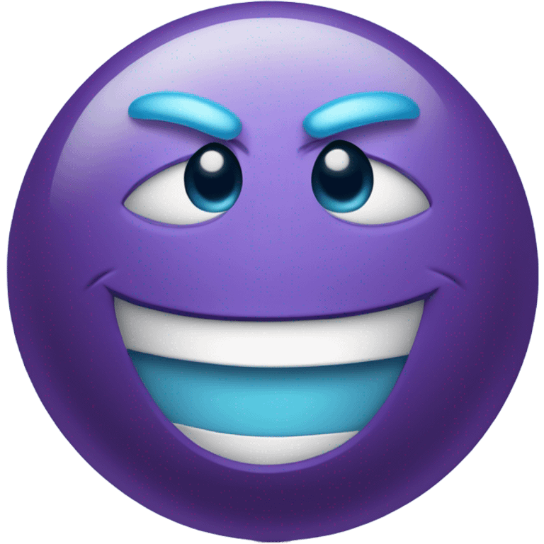 Round purple ball with light blue  button eyes and raised eyebrows and a big  smile emoji