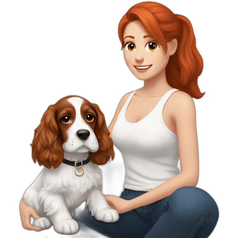 Red hair woman in white singlet sitting black white and brown english cocker spaniel on her lap emoji