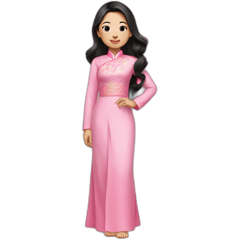 asian girl with fair lips, wavy black hair posing with pink ao dai full body side pose emoji