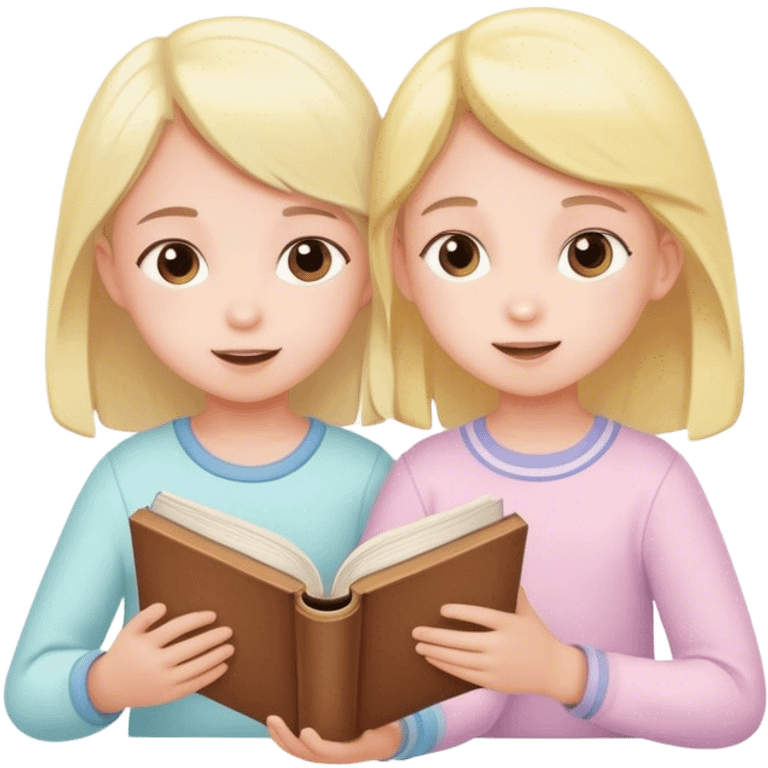 children in pastel clothes play with book emoji