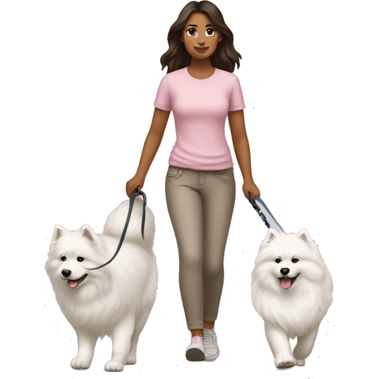 full body view of brunette female with light pink skin tone walking one samoyed dog on a leash emoji