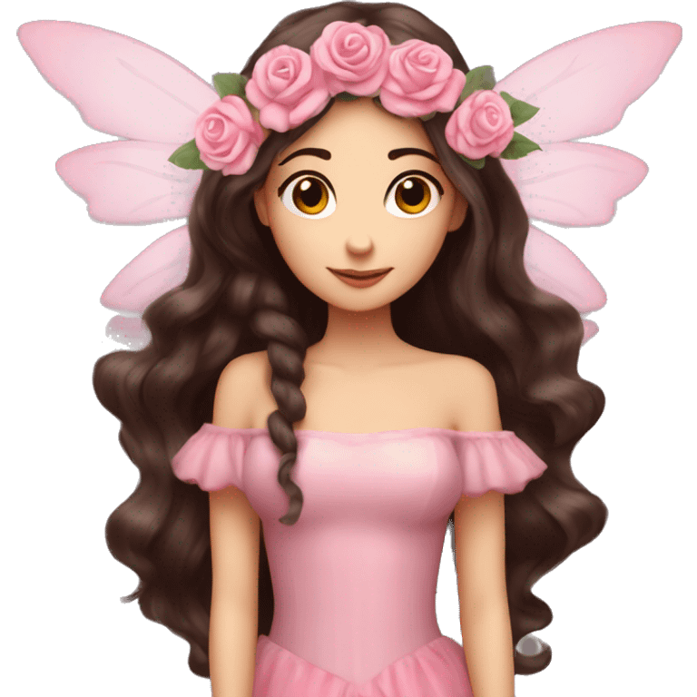 Beautiful, rose, fairy, pink, flowers in hair, long dark brown hair, big wings, fair skin emoji