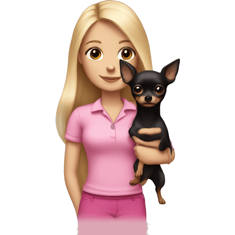 White girl with medium straight blonde hair wearing a pink shirt holding a long haired black chihuahua wearing a pink bow emoji