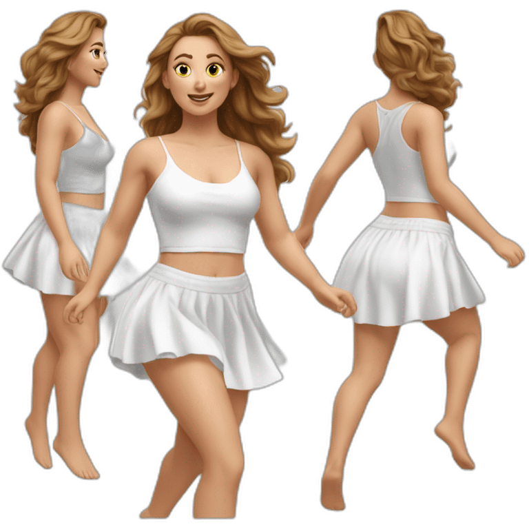 Hyperrealistic Full body Caucasian curvy beauty jumping short white skirt back and front views strong wind knickers emoji