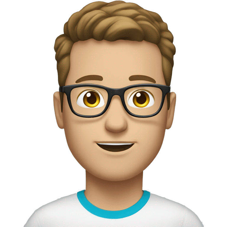 white young man with blue eyes and brown hair and square glasses wearing green t-shirt with laptop emoji