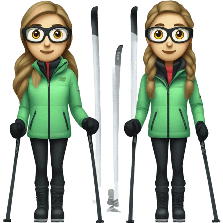 Green-eyed, overweight female skier with long straight hair, glasses, light grey snow jacket, long black pants, black only snow boots, wearing black skis standing tall. emoji