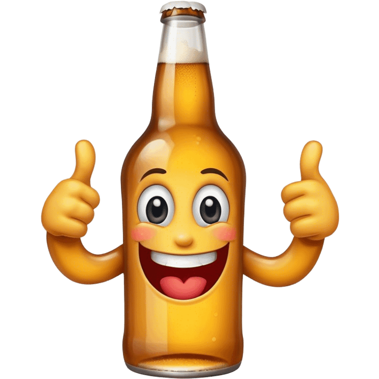 A beer bottle with a big smile and expressive eyes giving a BIG thumbs-up emoji