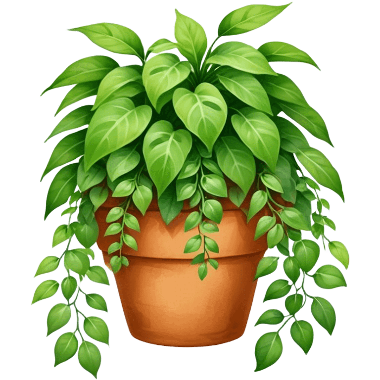 A vibrant hanging plant in a terracotta pot, painted in soft watercolor strokes with detailed leaves cascading down. emoji