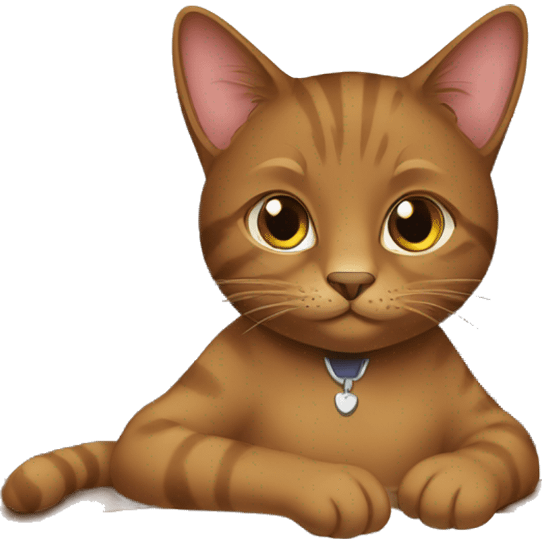 brown cat with the name avgustina sitting at a desk working emoji