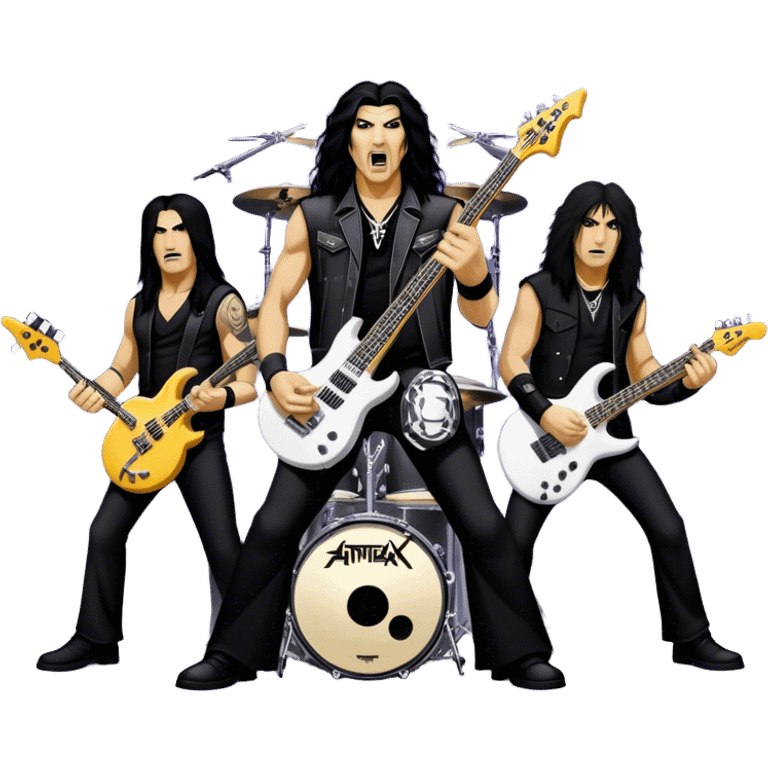 Icon for Heavy Metal: Anthrax live concert with Charlie Benante on drums, Joey Belladonna on vocals, Frank Bello on bass, Jonathan Donais and Scott Ian on guitars. The intense energy of the band is captured with instruments and stage lighting. Transparent background. emoji