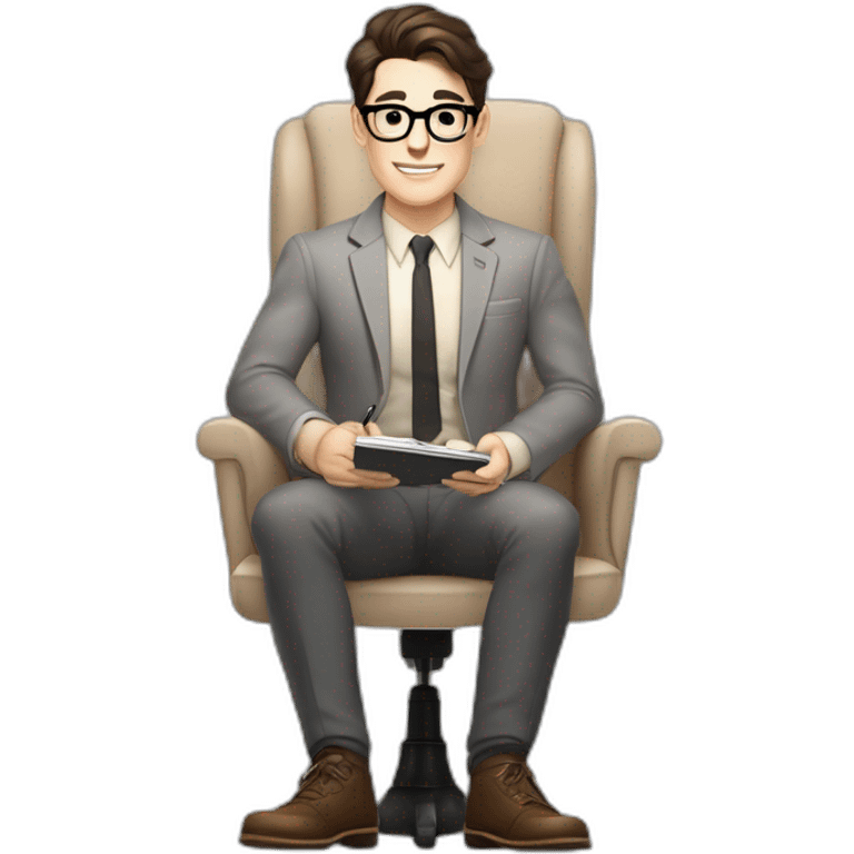 Pale skinned Fit Man With dark brown hair in gray jacket, beige office shirt and vintage glasses sitting In a soft chair with a notebook with emblem Ψ and a pen in his hands emoji