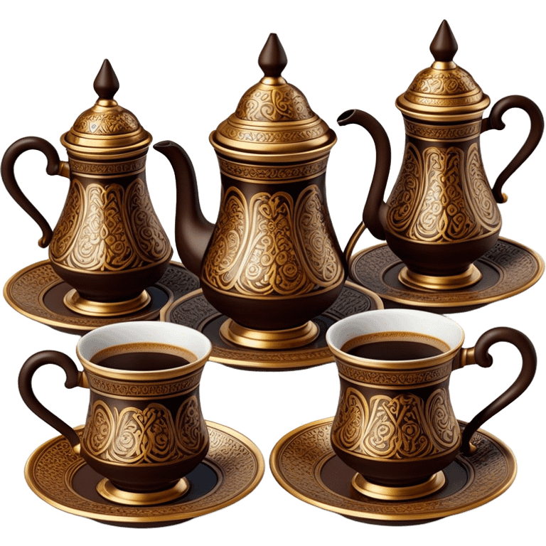 Turkish Coffee Set – Cinematic Realistic Turkish Coffee Set, depicted as an elegantly arranged ensemble of ornate coffee cups and a traditional cezve pot, adorned with intricate patterns and rich, warm colors, rendered with detailed textures and soft ambient lighting that captures its cultural heritage. emoji