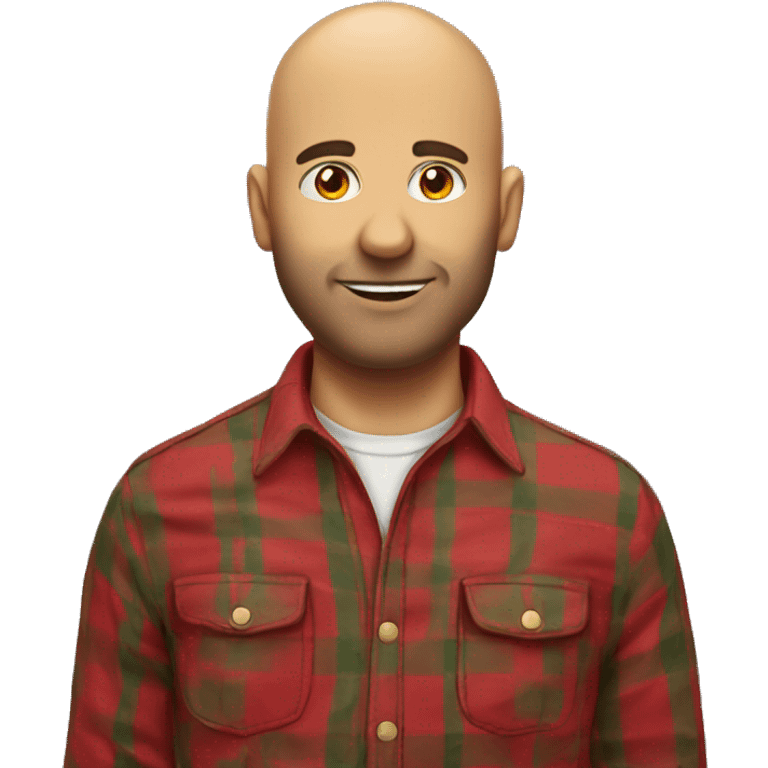 Italian male mid 30, short bear, bald, wearing a yellow and red flannel shirt emoji