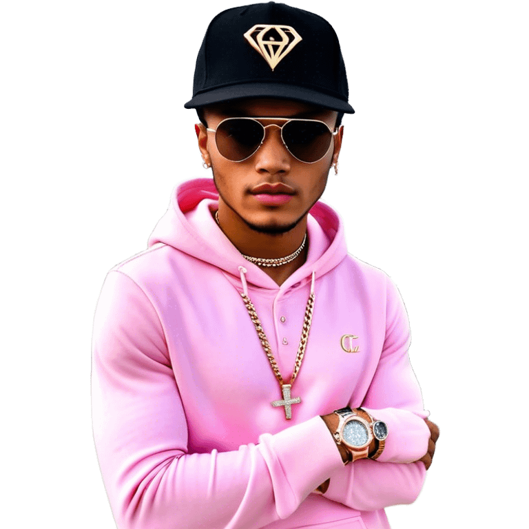 1 person standing in front of a private plane and a rolls Royce. His name is Josh king Madrid. He is wearing a “JETSET” diamond pendant, 3 diamond sparkly tennis chains, iced out diamond rose gold ap watch , black hat that says “JETSET” , pink hoodie that says “JETSET” instead of Gucci. Phone in hand with virtual money $$$ symbol and gold symbol notifications flying out of it holographically  emoji