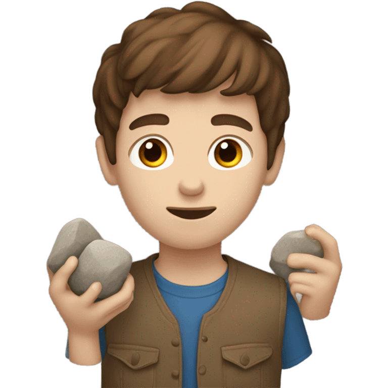 boy with brown hair and blue eyes. holding rocks emoji