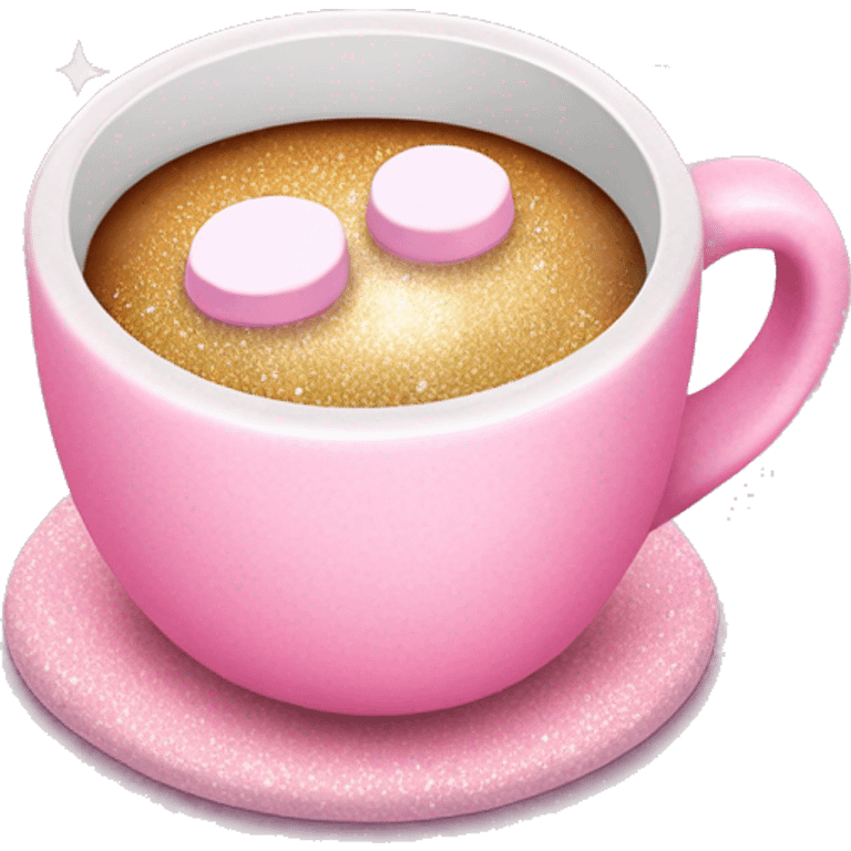 Cute pink cup of coffee with marshmallows and glitter emoji