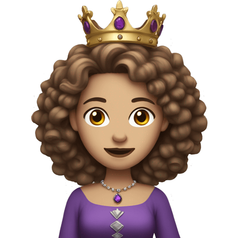 Queen with a purple crown, pale skin, long brown curly hair emoji