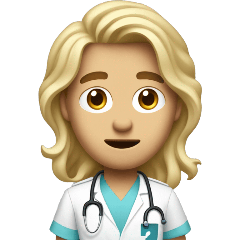 A handsome young male nurse with long, wavy dirty-blonde hair cascading down past his shoulders looks clueless and afraid with a question mark  emoji