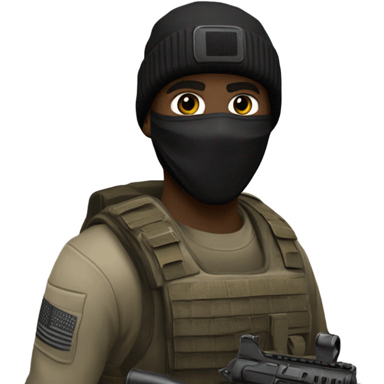 white male, pale skin, call of duty black face mask, camo tactical gear, combat boots, black beanie, hazel eyes, full body emoji