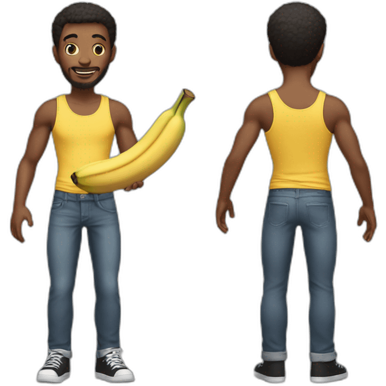 Skinny guy with tank top holding a banana emoji