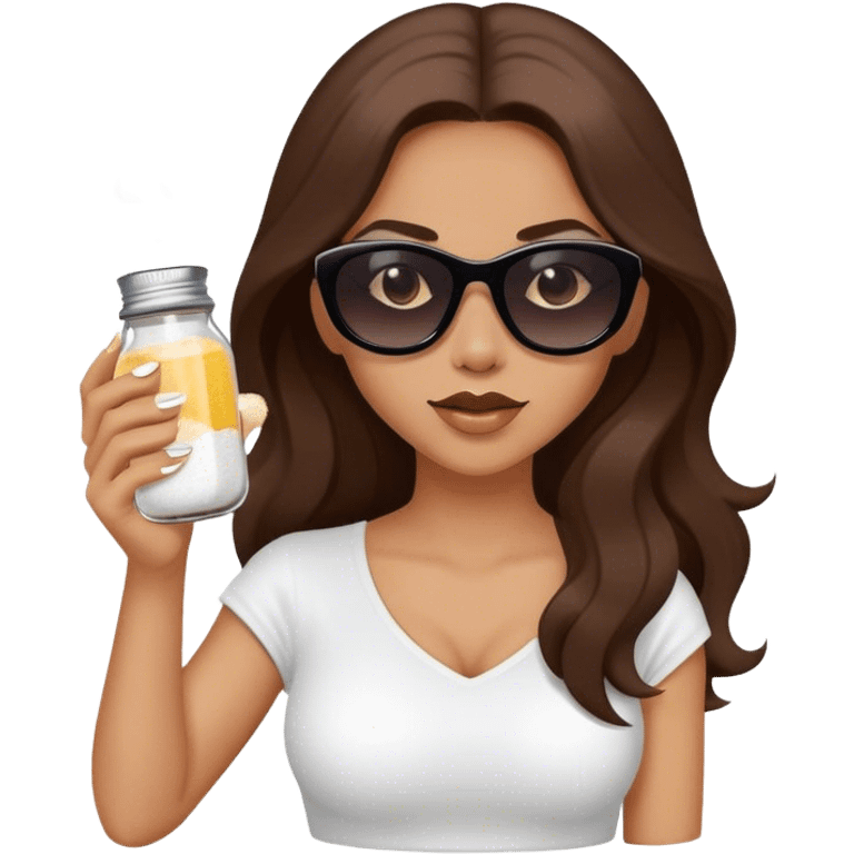 sassy woman with long brown hair and dark sunglasses holding a salt shaker and sprinkling the salt emoji