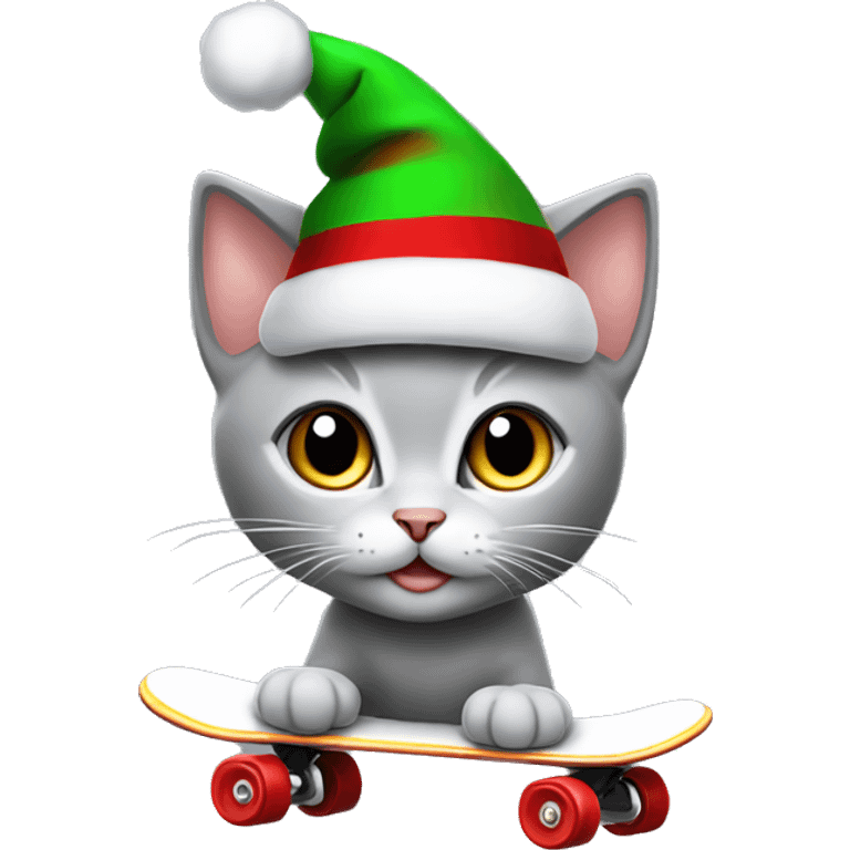 Grey kitten with Christmas hat skating emoji