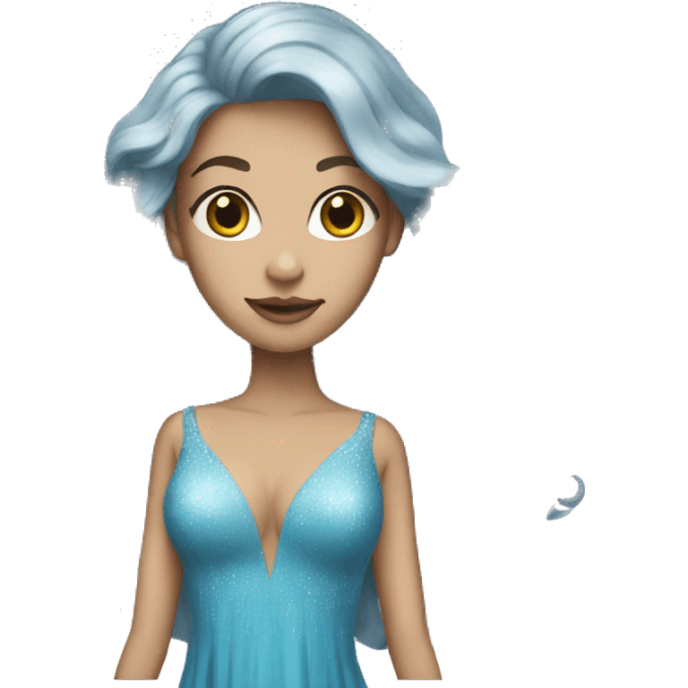 white woman with blue long hair and prom dress emoji