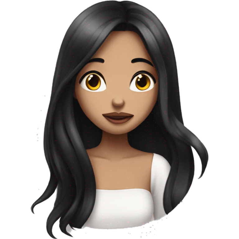 Beautiful girl with long black hair blowing kisses, white skinned emoji