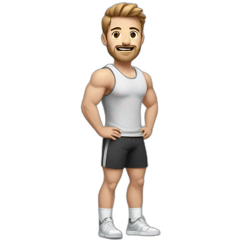 Full height Actively gesturing with hands Pale skinned Fit Man With the biceps and brown hair in dark gray Sleeveless Mike, black oversize sports shorts and white Sneakers emoji