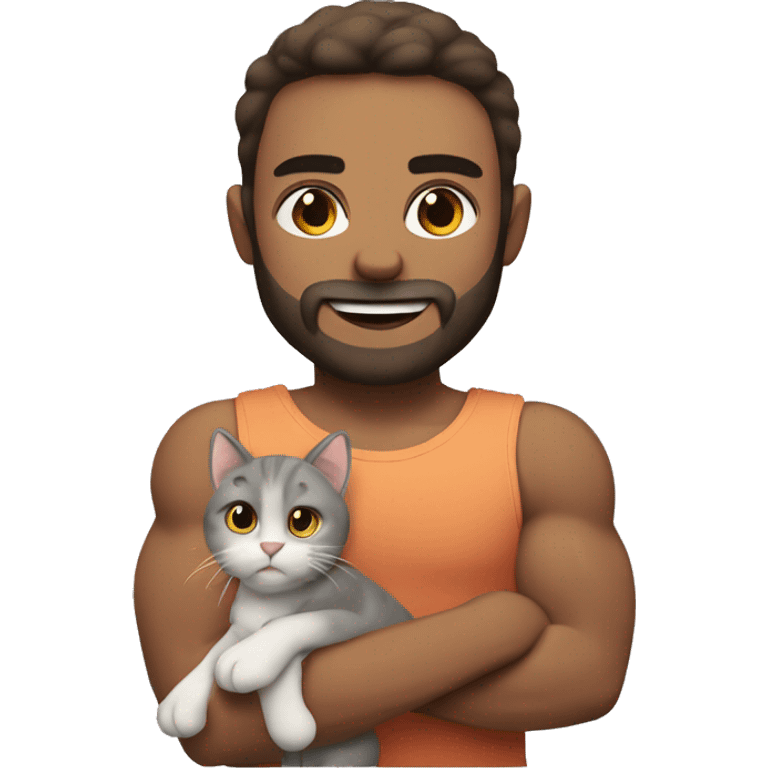 Fair boy with muscles with beard and straight hair holding a cat. Having fair white skin emoji