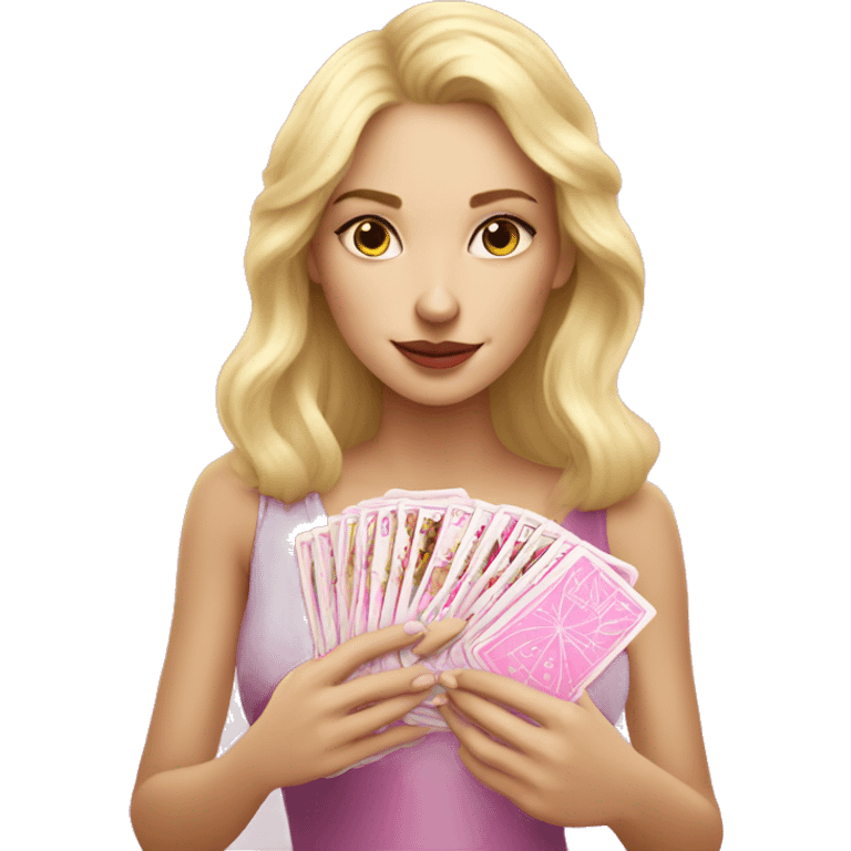 Blonde girl with pink tarot cards emoji