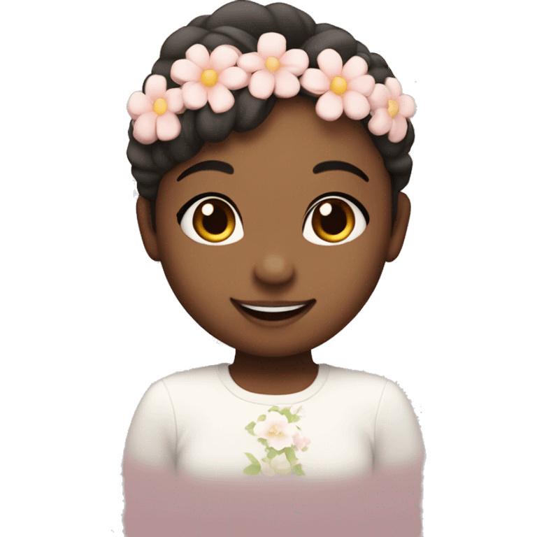 super cute face with light blush cheeks and big smile with little flower headband emoji