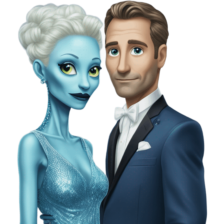 reptilian alien woman, in long slim pastel blue formal party satin dress with gradient shiny sparkling navy blue diamonds embroidered , and caucasian man in black dress emoji