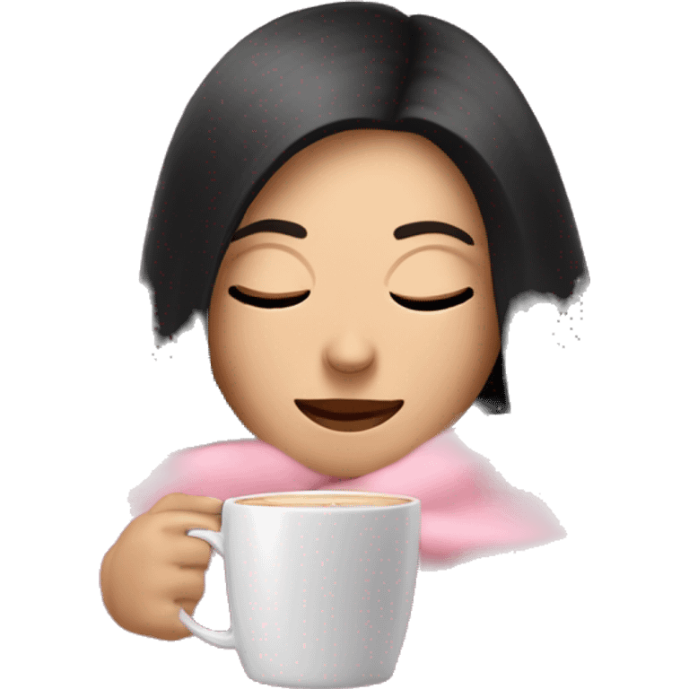 white girl with black straight hair inside a pink blanket sipping coffee eyes closed emoji