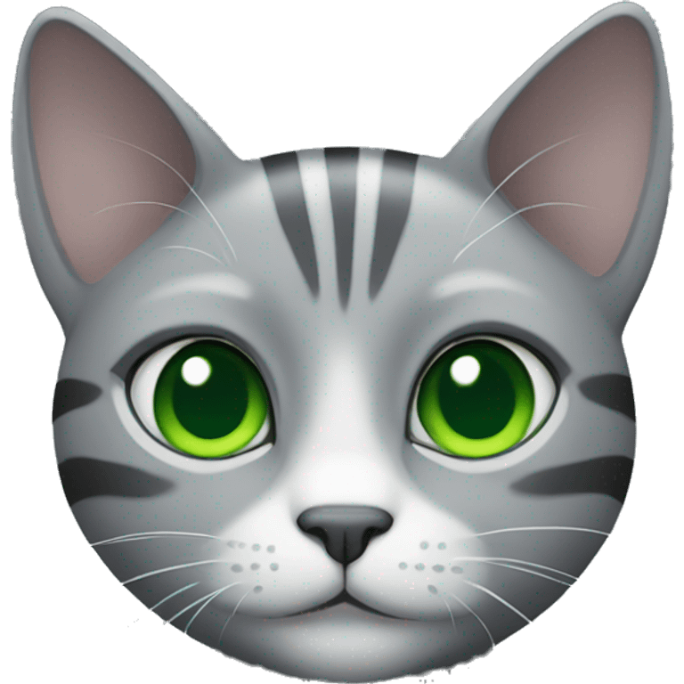 Grey cat with darker grey strips  with green eyes emoji