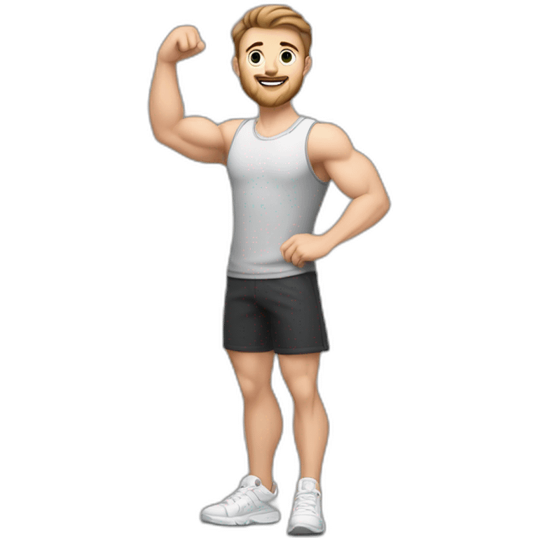 Full height Actively gesturing with hands Pale skinned Fit Man With the biceps and brown hair in dark gray Sleeveless Mike, black oversize sports shorts, watch and white Sneakers emoji