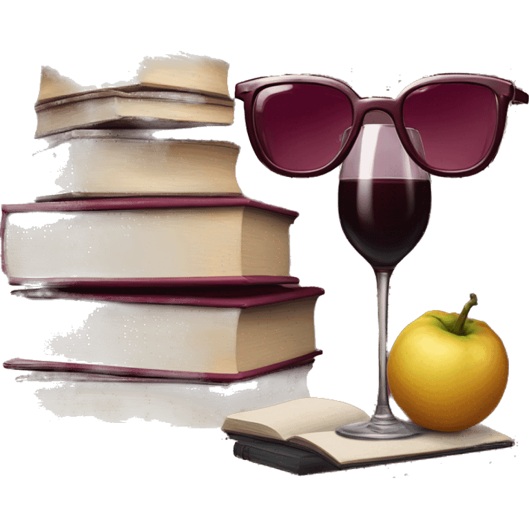 realistic stack of books and burgundy glasses next to them emoji