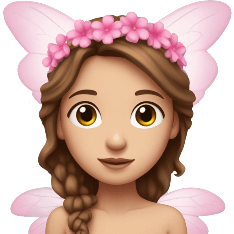 Brown hair fairy with hazel eyes light complected with pink wings and pink flower headband  emoji