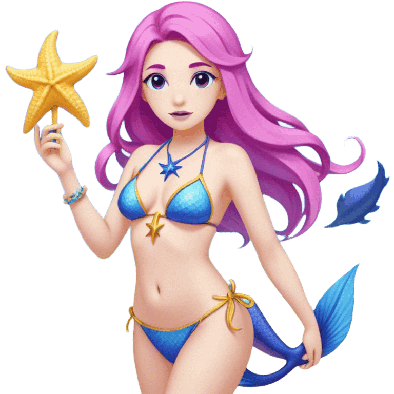 Yellow-toned upper body and a blue fish tail. She has long, flowing pink and purple hair adorned with a blue starfish accessory. She wears a light-colored seashell bikini top and holds a golden trident in one hand. Her expression is confident and friendly. The background is transparent emoji