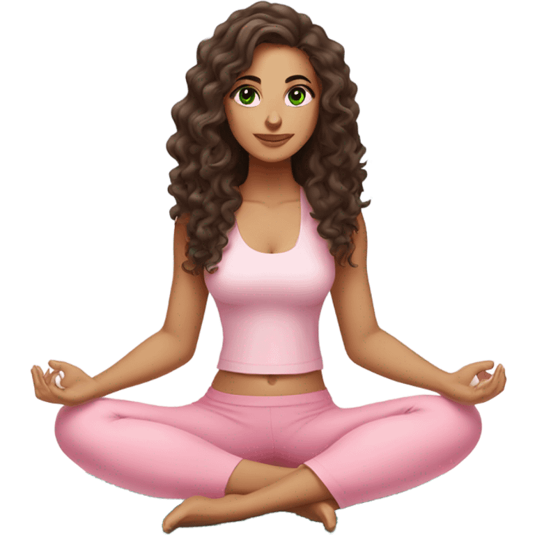 Dark brown long curly hair and green eyes yoga beautiful young woman in light pink pink pink clothes sitting on a yoga mat emoji