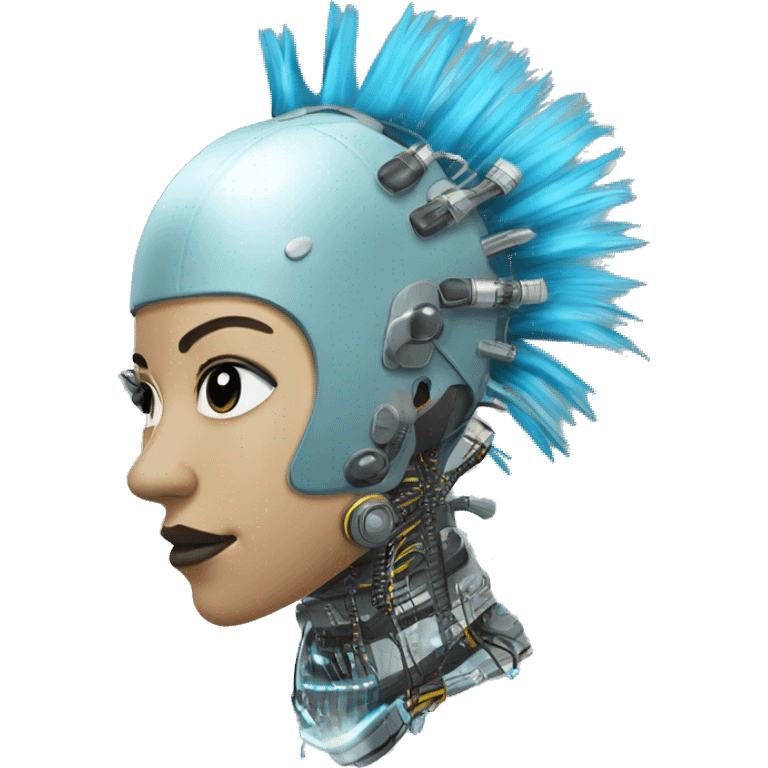 Light blue Mohawk female cyborg head with silver respirator mask and circuits emoji