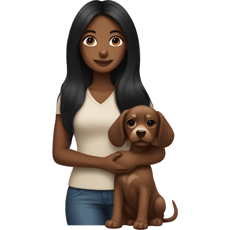 Brown skin girl with long black hair holding a puppy emoji