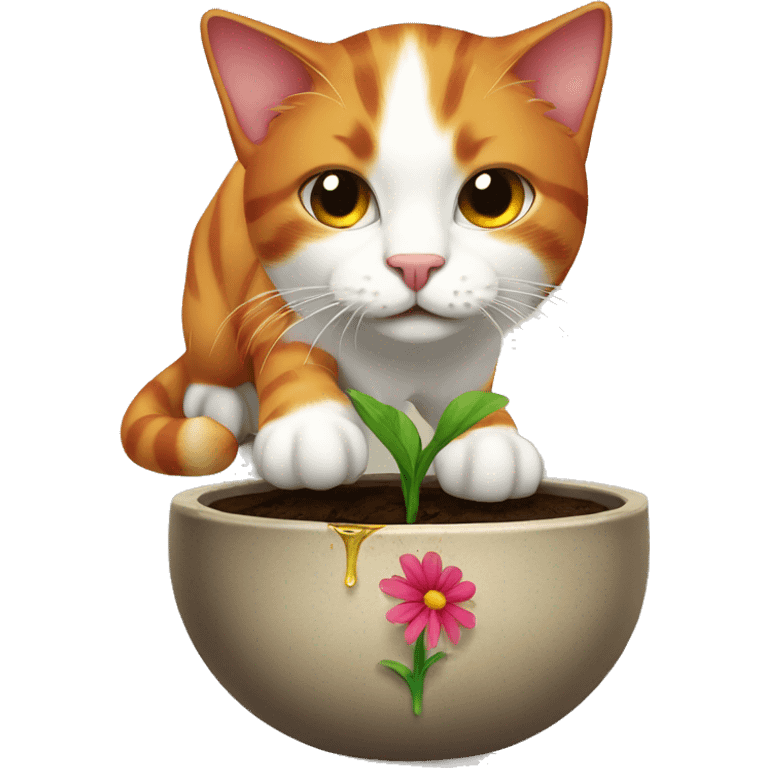 A red-haired cat drips earth in a pot with a flower emoji