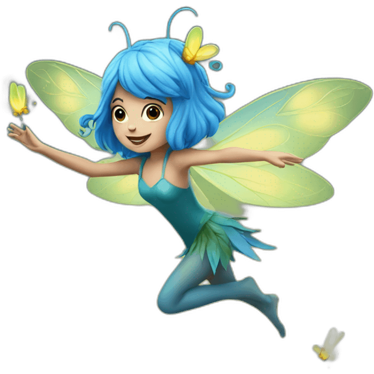 Blue haired fairy chasing a firefly emoji