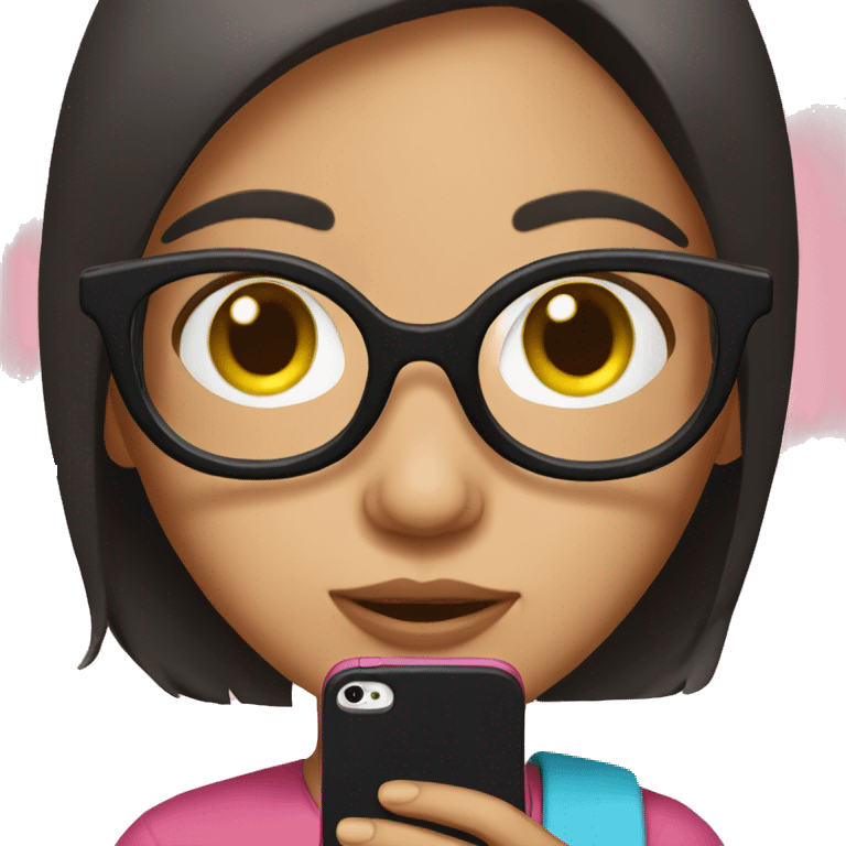 girl with glasses and dark hair reading on a pink smart phone emoji