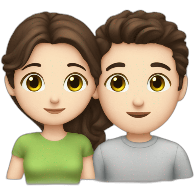 Girl with blue eyes and brown hair kiss boy with green eyes and dark brown hair emoji