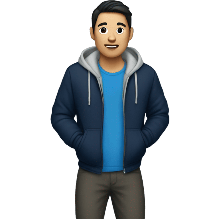 asian man wearing blue plaid pants and a black jacket over a navy blue hoodie emoji